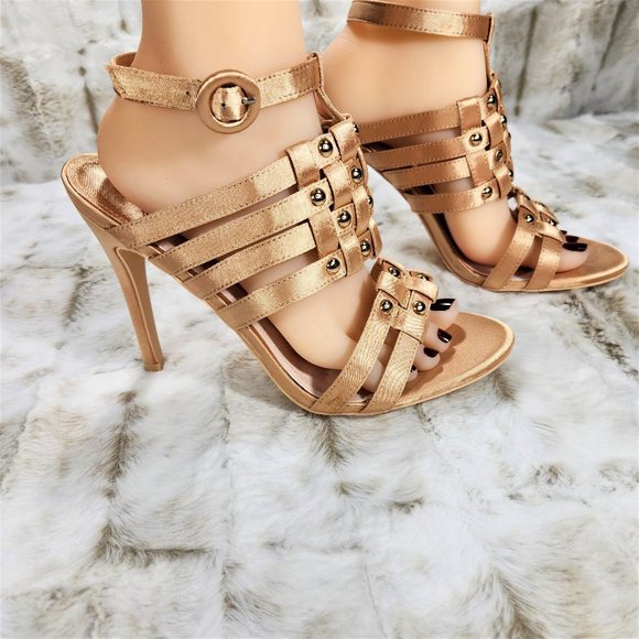 ☆ Mack J Gold  Satin Woven Strap Studded High Heel Shoes - Picture 7 of 9